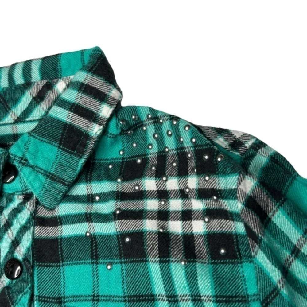 Justice Girls Top Size 7 Teal Black White Plaid Long Sleeve Button Down Shirt